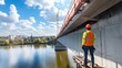© Bhait - A panoramic perspective of an engineer inspecting the structural integrity of a newly built bridge over a bustling river, Bridge inspection scene, Transportation infrastructure style