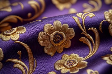 Canvas Print - Close-up of luxurious purple fabric with intricate golden floral embroidery showcasing elegance