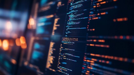 Abstract screen filled with programming code snippets in various colors with blur