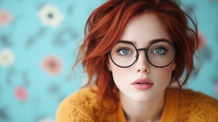 Wall Mural - A charming young woman with bright red hair and chic glasses poses gently against a colorful background, radiating warmth and a hint of introspection.