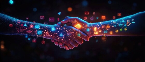 Wall Mural - hands exchanging glowing elements in a digital concept of connection and collaboration in a modern g