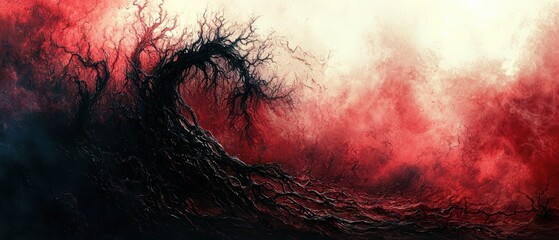 Canvas Print - dark red abstract digital artwork with twisted tree and fluid background featuring intricate texture