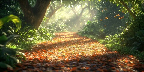 Wall Mural - Serene pathway through a lush forest with autumn leaves