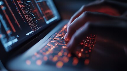 Close up of hands typing on a laptop with glowing keyboard and code screen
