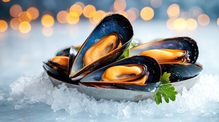 An artistic arrangement of mussels on ice, beautifully highlighted by bokeh lights in the background, emphasizes the aesthetic appeal of fresh seafood in a creative display.