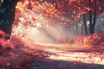 Wall Mural - Fall pathway surrounded by vibrant red leaves in sunlight