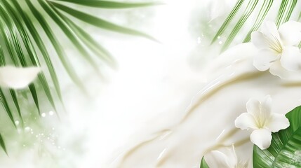 Aufkleber - Lush tropical palm leaves and delicate white flowers against a soft light background  The image evokes a sense of natural beauty serenity and wellness