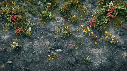 Wall Mural - Wildflowers blooming on rocky ground, aerial view, nature background, texture