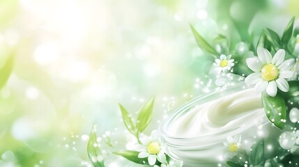 Aufkleber - Peaceful and serene natural landscape with delicate white daisy flowers blooming amidst fresh green leaves and foliage  Soft focus and blurred background create a calming