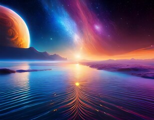 Wall Mural - abstract graphic design wallpaper background a glorious galaxy rise from the surface of an ocean pla