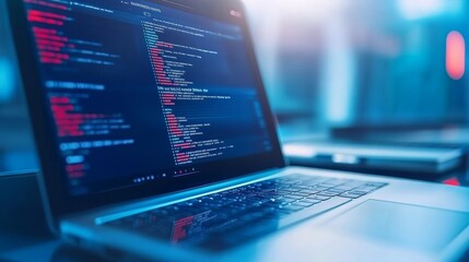 closeup of laptop screen displaying lines of code, programming and software development
