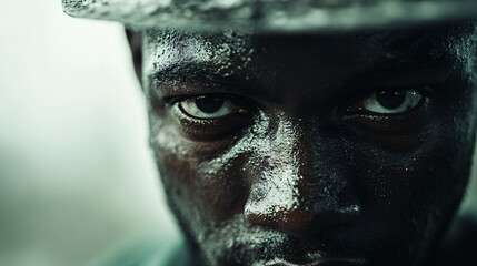 Close-up of a man with a dirt-covered face and piercing gaze conveying determination resilience and the toughness of hard labor and perseverance
