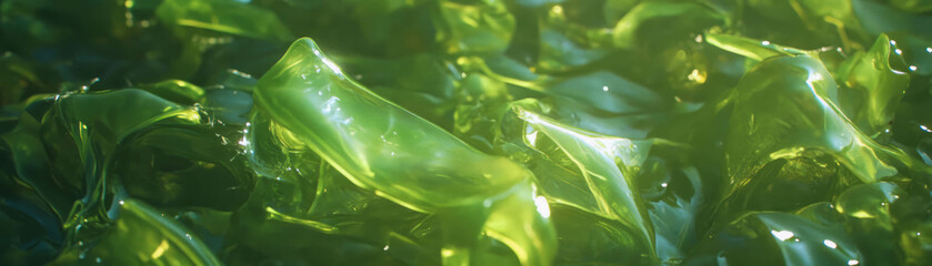 Fototapete - Wet seaweed on the shore with bright neon green highlights and vibrant textures