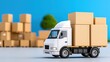 © FarhaStock - White delivery truck transporting cardboard boxes in a warehouse setting with a clear blue background
