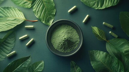 Wall Mural - herbal fusion: kratom powder, green leaves, and capsules in traditional medicine display