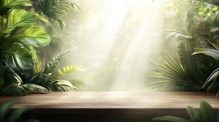 Wall Mural - Sunlight Pouring Through Lush Greenery onto a Wooden Table in a Serene Jungle Environment