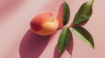 Wall Mural - ripe fresh peach with vibrant green leaves isolated on white background, representing natural freshn