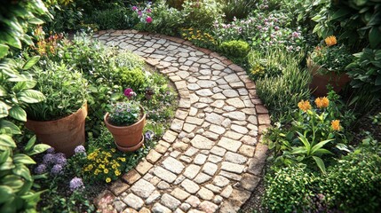 Wall Mural - Winding stone path garden flowers sunlight