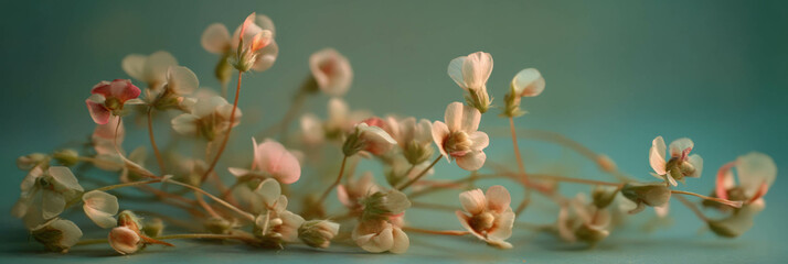 Fototapete - Delicate small clover flowers resting softly on a blue backdrop in gentle lighting