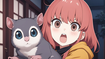 Wall Mural - Girl holding a cat in her arms with an anime sugar glider perched on her shoulder in a cozy indoor setting