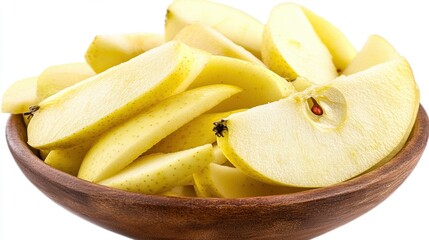 Wall Mural - Freshly Sliced Yellow Apples Arranged in a Wooden Bowl on a White Background