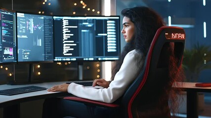 A futuristic office setting where a female programmer in a sleek ergonomic chair is testing an innovative AI-driven software system on an array of ultra-HD monitors.