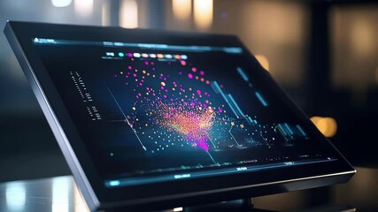Wall Mural - high tech screen displaying dynamic data analysis with colorful particle effects and intricate graph