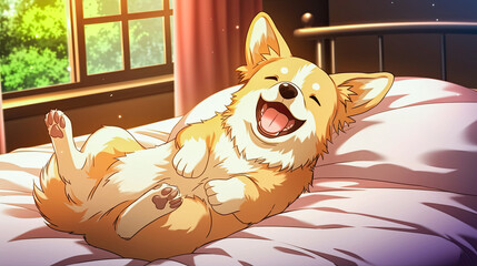 Wall Mural - Corgi puppy joyfully rolling on a soft bed with mouth open capturing a playful moment of a happy dog enjoying its surroundings in a cozy indoor setting