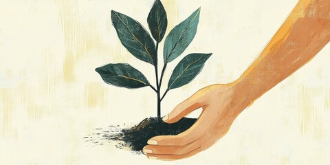 Wall Mural - Hand planting a green sapling in rich soil for growth