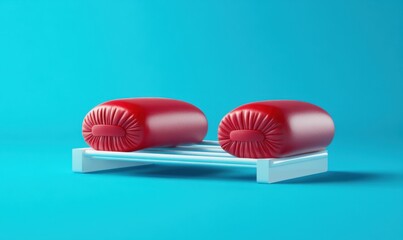 Two sausages on rack, blue background, food illustration, packaging design