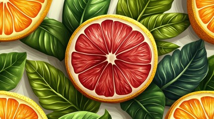 Wall Mural - Vibrant Arrangement of Grapefruit Slices Surrounded by Green Leaves in Natural Setting