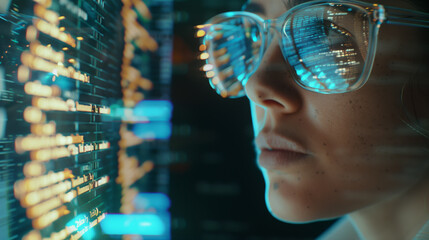 software, coding hologram and woman in data analytics, information technology and gdpr overlay, prog