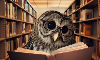 Wall Mural - an owl bird is wearing eye glasses and reading a library book for an education, creativity or learni