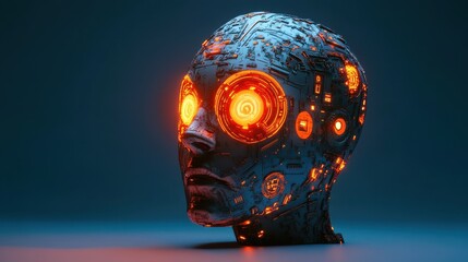 Wall Mural - glowing circuit head on blue backdrop. 3d rendering.