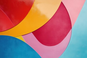 Wall Mural - Abstract composition of overlapping colorful shapes in red, yellow, pink, and blue with a glossy texture, creating a modern and vibrant geometric background