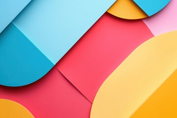 Wall Mural - Abstract composition of overlapping colorful shapes in red, yellow, pink, and blue with a glossy texture, creating a modern and vibrant geometric background
