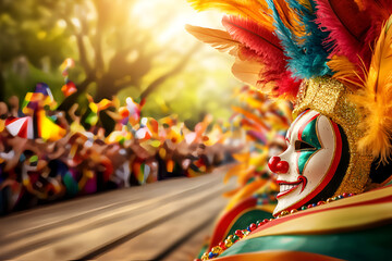 Wall Mural - Vibrant carnival parade with colorful clown or jester costume illuminated by sunlight, Mardi Gras