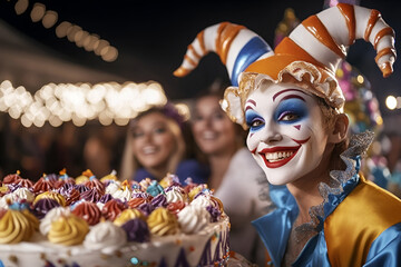 Wall Mural - Joyful jester celebrates with colorful king cake at night festival, Mardi Gras