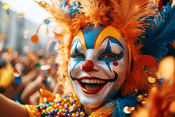 Wall Mural - Colorful clown or jester with elaborate makeup celebrating a lively street festival, Mardi Gras