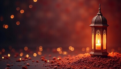 Wall Mural - illuminated ornate lantern on red gravel festive warm bokeh background