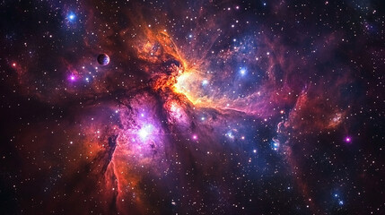 Wall Mural - a cosmic space scene featuring a massive nebula with radiant stars and planets glowing in deep purpl