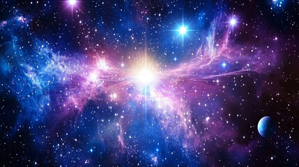 Wall Mural - a cosmic space scene featuring a massive nebula with radiant stars and planets glowing in deep purpl