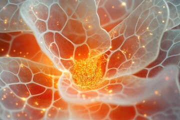 Wall Mural - abstract image depicting a glowing orange flower with a delicate, net-like structure and golden cent