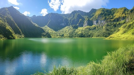 Poster - Serene Green Lake Surrounded by Majestic Mountains