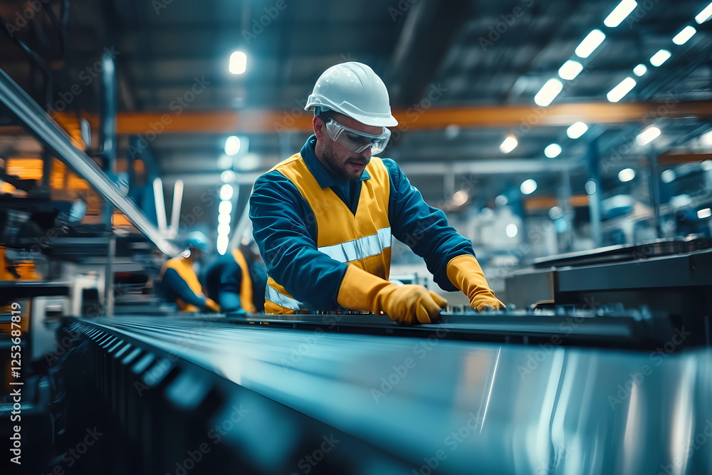 Industrial worker assembling metal parts on conveyor belt in factory ...