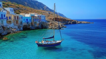 Canvas Print - Serene Sailboat in a Picturesque Greek Bay