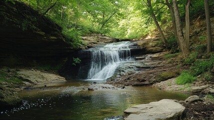 Poster - Serene Waterfall in Lush Forest: A Tranquil Nature Escape