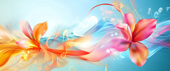 Wall Mural - colorful abstract floral waves with vibrant pink and orange petals against blue backdrop