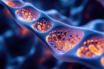Wall Mural - abstract 3d rendering of a porous, glowing structure, resembling a network of interconnected chamber