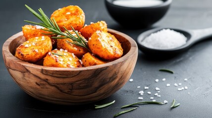 Roasted sweet potatoes with herbs and salt in wooden bowl